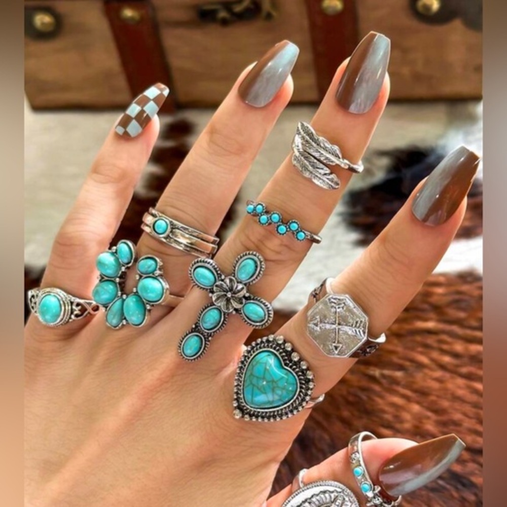 ✨NEW Turquoise Silver tone hypoallergenic Ring Set